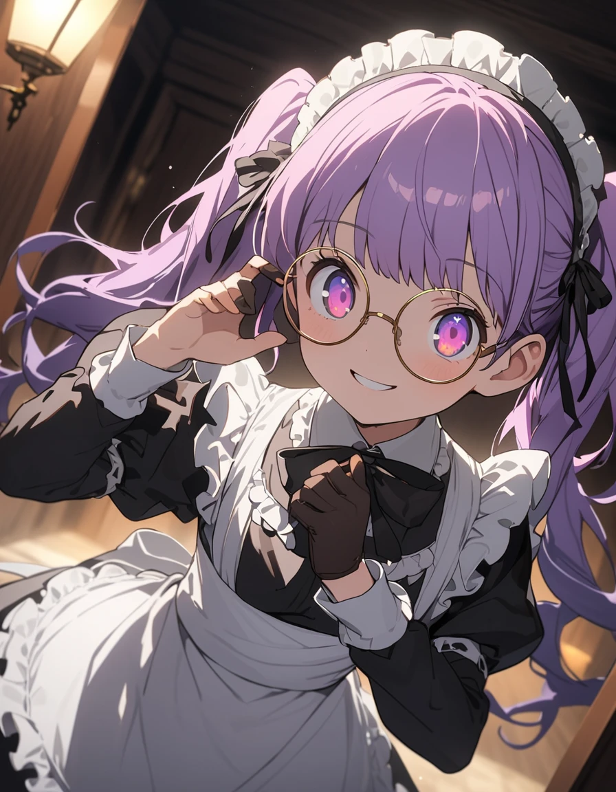 Long purple hair ,  wearing maid clothes, fullbody, round glasses, Front Light ,Cute 2D, Front lighting 、( for a woman with bristles、masterpiece、 high definition 、 Details)、animeスタイル、 flat style 、(Shining Eyes、 Details美しい顔),  1 girl、extremely  Details、(The Shining),  vest lighting,  best shadows、High saturation, anime,  Twin Tails ,  purple hair, pantyhose, violet hair, black gloves, violet eyes, gloves, long sleeves, maid headdress, smile, Round eyes ,  high brightness, perfect hand, Bright face, noon