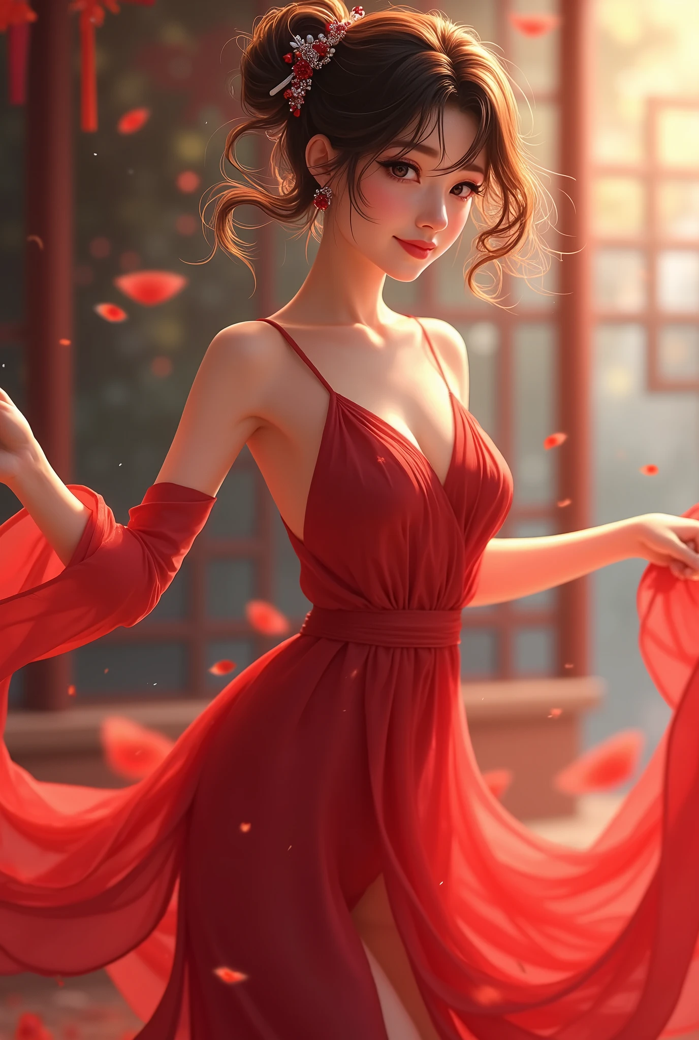  top quality,  realistic ,  very detailed with crimson hair, finely,  high definition , 8k wallpaper,  Beautiful Japanese Women, The most beautiful cartoon beauty, Anime Beauty, Beautiful thin eyes,  earrings, Light brown-black hair,  Moving Pose , like dancing,  red long dress like a dance,  happy expression, whole body, The cutest face, 