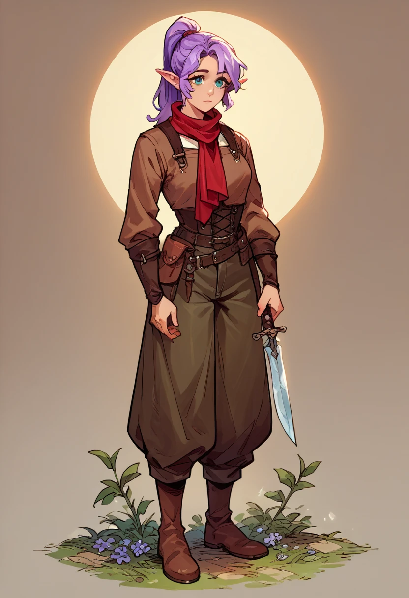 score_9, score_8_up, score_7_up, score_6_up, score_5_up, score_4_up, (source_anime), lilac hair, elf, high ponytail, (teal eyes), brown rogue thief clothes, red neck scarf, 1girl, solo, fantasy, medieval, dagger, full body, standing, pants