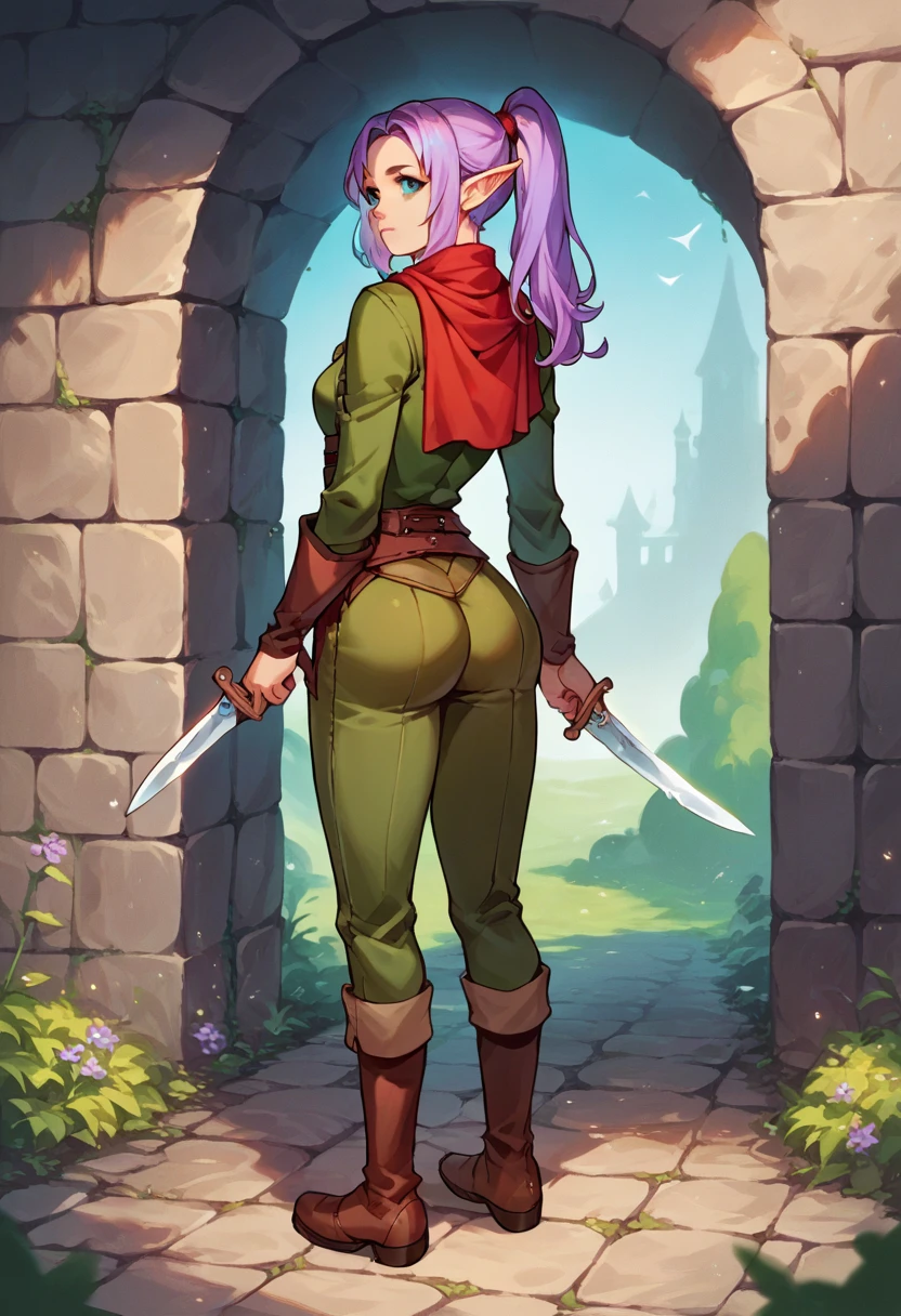 score_9, score_8_up, score_7_up, score_6_up, score_5_up, score_4_up, (source_anime), lilac hair, elf, high ponytail, (teal eyes), brown rogue thief clothes, red neck scarf, 1girl, solo, fantasy, medieval, dagger, full body, standing, ass