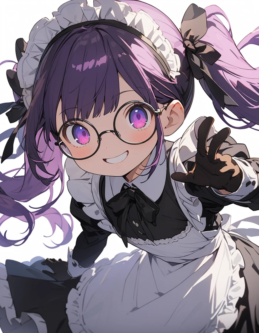 Long purple hair ,  wearing maid clothes, fullbody, round glasses, Front Light ,Cute 2D, Front lighting 、( for a woman with bristles、masterpiece、 high definition 、 Details)、animeスタイル、 flat style 、(Shining Eyes、 Details美しい顔),  1 girl、extremely  Details、(The Shining),  vest lighting,  best shadows、High saturation, anime,  Twin Tails ,  purple hair, pantyhose, violet hair, black gloves, violet eyes, gloves, long sleeves, maid headdress, smile, Round eyes ,  high brightness, perfect hand, Bright face, noon