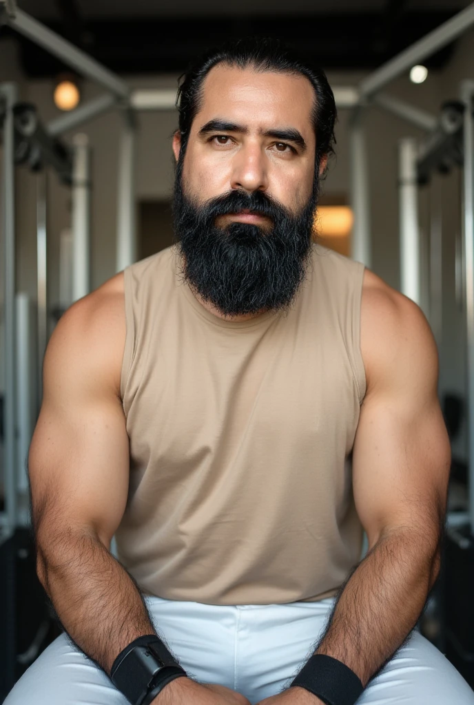 A man between 30 and 35 years old ,  with a well-defined muscular build , sitting in a modern gym . He wears a tight beige sleeveless t-shirt that highlights his muscular arms and a thick, well-groomed beard that frames his face..  He wears white sports shorts that show his muscular and hairy legs .  His wrists are wrapped with black wristbands ,  adding a functional and sporty touch .  He is seated with a secure and dominant posture ,  with one hand resting on his thigh and the other adjusting his pants .  The background shows gym equipment with metallic details and warm lights ,  creating a dynamic environment focused on physical effort .