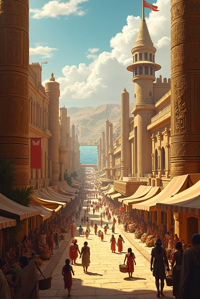 Illustrate the cultural interaction between the (((Minoans and the Egyptians2))), showing frescoes of (((Minoan style in Avaris2))). Capture um [scenario where merchants exchange products2] and ideas, highlighting the artistic influence and commercial connections between the two civilizations.