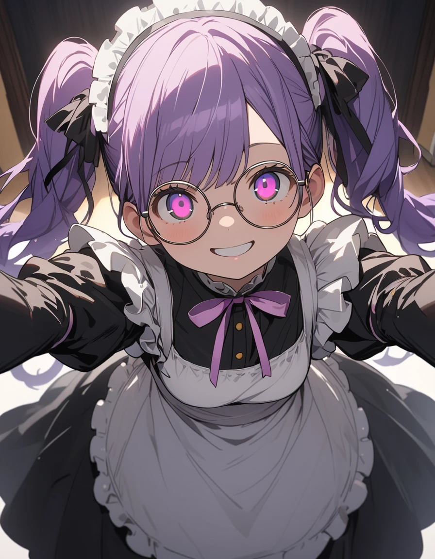 Long purple hair ,  wearing maid clothes, fullbody, round glasses, Front Light ,Cute 2D, Front lighting 、( for a woman with bristles、masterpiece、 high definition 、 Details)、animeスタイル、 flat style 、(Shining Eyes、 Details美しい顔),  1 girl、extremely  Details、(The Shining),  vest lighting,  best shadows、High saturation, anime,  Twin Tails ,  purple hair, pantyhose, violet hair, black gloves, violet eyes, gloves, long sleeves, maid headdress, smile, Round eyes ,  high brightness, perfect hand, Bright face, noon