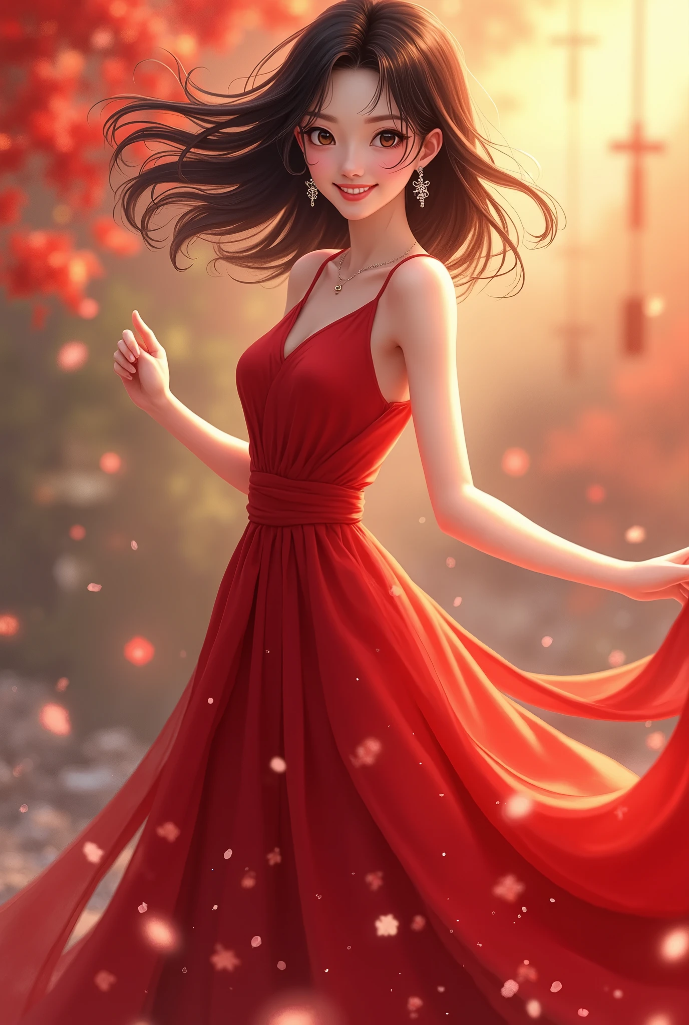  top quality,  realistic ,  very detailed with crimson hair, finely,  high definition , 8k wallpaper,  Beautiful Japanese Women, The most beautiful cartoon beauty, Anime Beauty, Beautiful thin eyes,  earrings, Light brown-black hair,  Moving Pose , like dancing,  red long dress like a dance,  happy expression, whole body, The cutest face, 