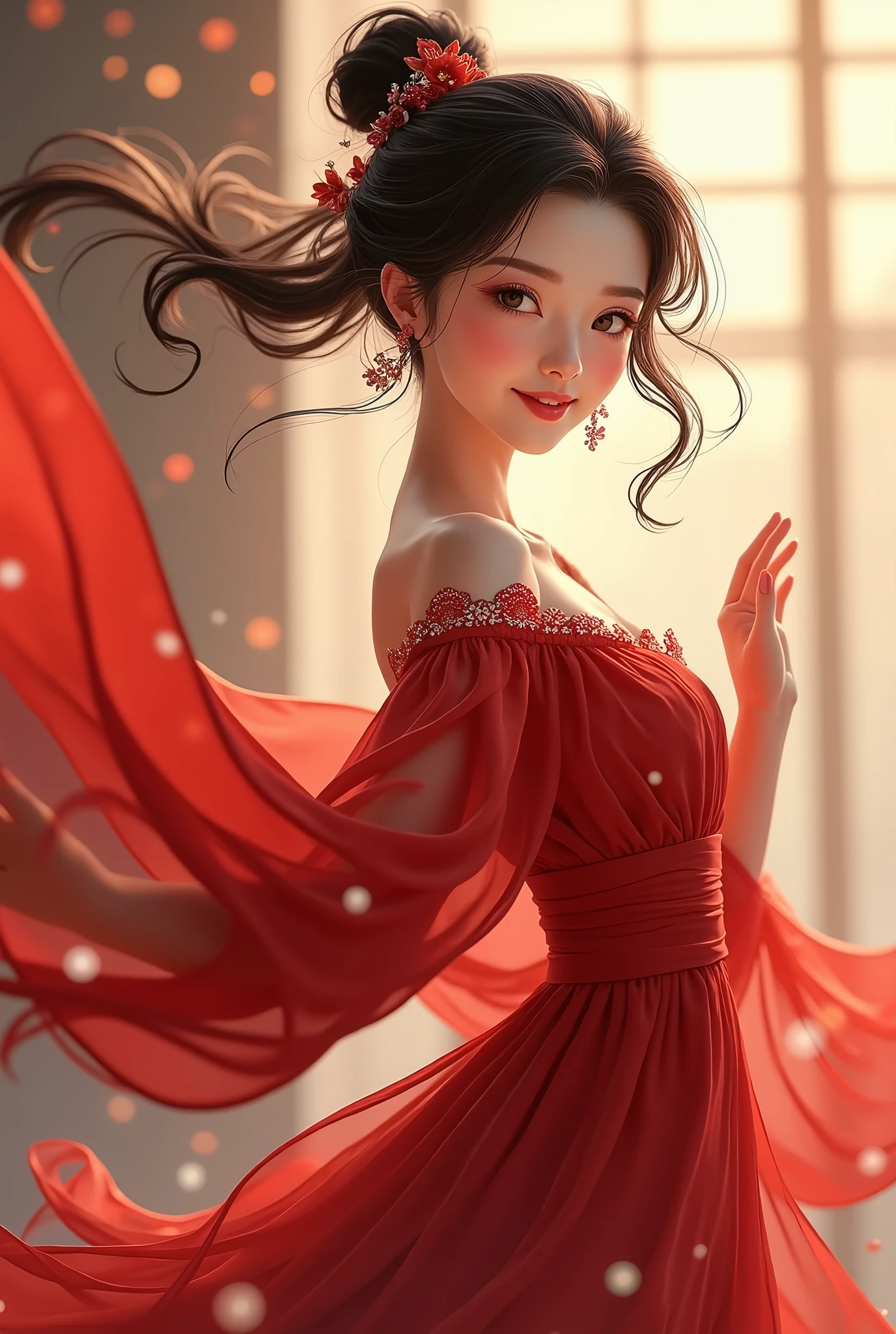  top quality,  realistic ,  very detailed with crimson hair, finely,  high definition , 8k wallpaper,  Beautiful Japanese Women, The most beautiful cartoon beauty, Anime Beauty, Beautiful thin eyes,  earrings, Light brown-black hair,  Moving Pose , like dancing,  red long dress like a dance,  happy expression, whole body, The cutest face, 