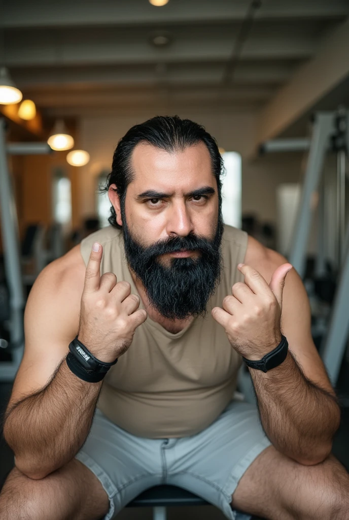 A man between 30 and 35 years old ,  of an athletic build with well-defined muscles and a thick beard , sitting in a modern gym .  He wears a tight sleeveless beige t-shirt that highlights his beige muscular arms and shorts white sneakers that show their strong and hairy legs.  On his wrists he wears black wristbands , adding a functional touch to his look .  He is posing with a relaxed and charismatic attitude ,  making a gesture with two fingers while winking with a playful and confident expression .  The background shows an industrial gym with metallic exercise equipment and warm lights that illuminate the scene ,  highlighting men as the main focus .