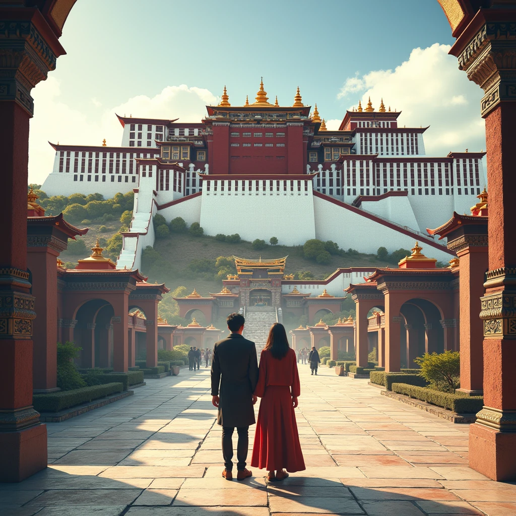 Two people, one old and one young, Hand in hand, hand over the torch, symbolizing inheritance and warmth The background is a Chinese-style palace building