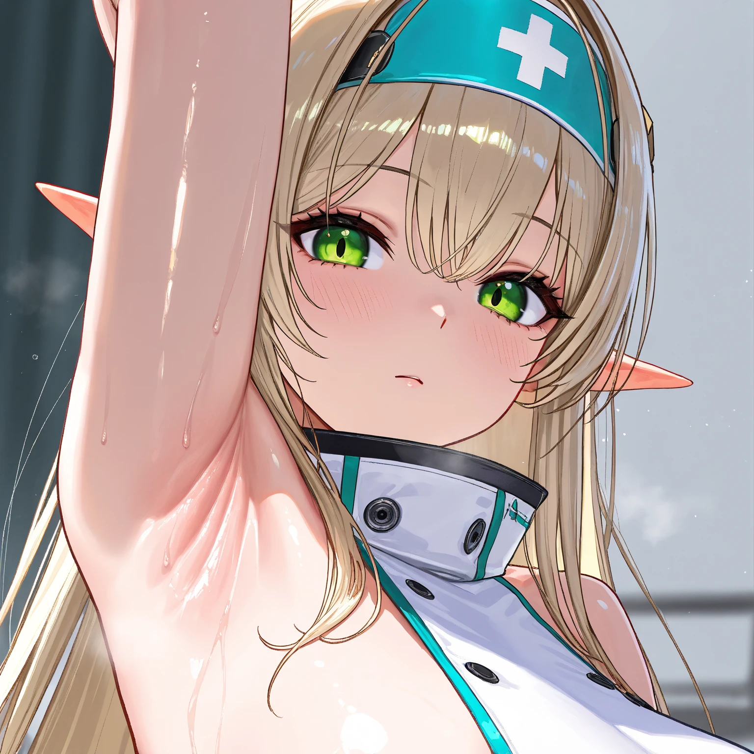 (Masterprice, HDR, 2k, High Resolution) 1girl, Leviathan Nikke, Elf Ears, Gren Eyes, Cat Pupils ((Armpits, Arm Up, Armpit Crease, Armpits Detailed, Perfect Armpits, Shiny Armpits, Zoom Armpits, Focus Armpits, More Detailed Armpits, Armpits Focus, Side Armpits Look)) Simple Background Hospital