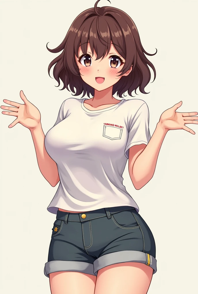  anime style、 slightly short brown hair 、Clothes are T-shirts、Shorts、 big breasts 、 sticks out hands、Has chest pockets 、