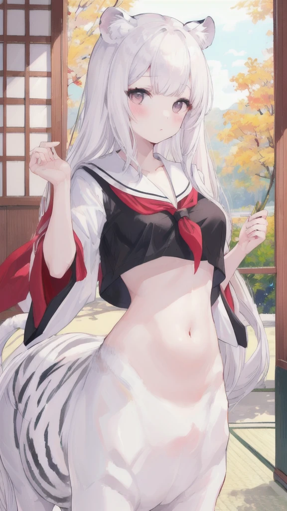 (best quality, masterpiece), 1 girl, centaur, It takes, White skin, Japanese female idol, exposing the abdomen,belly button t-shirt, 아름다운 소녀 perfect white tiger photo, perfect white tiger photo
