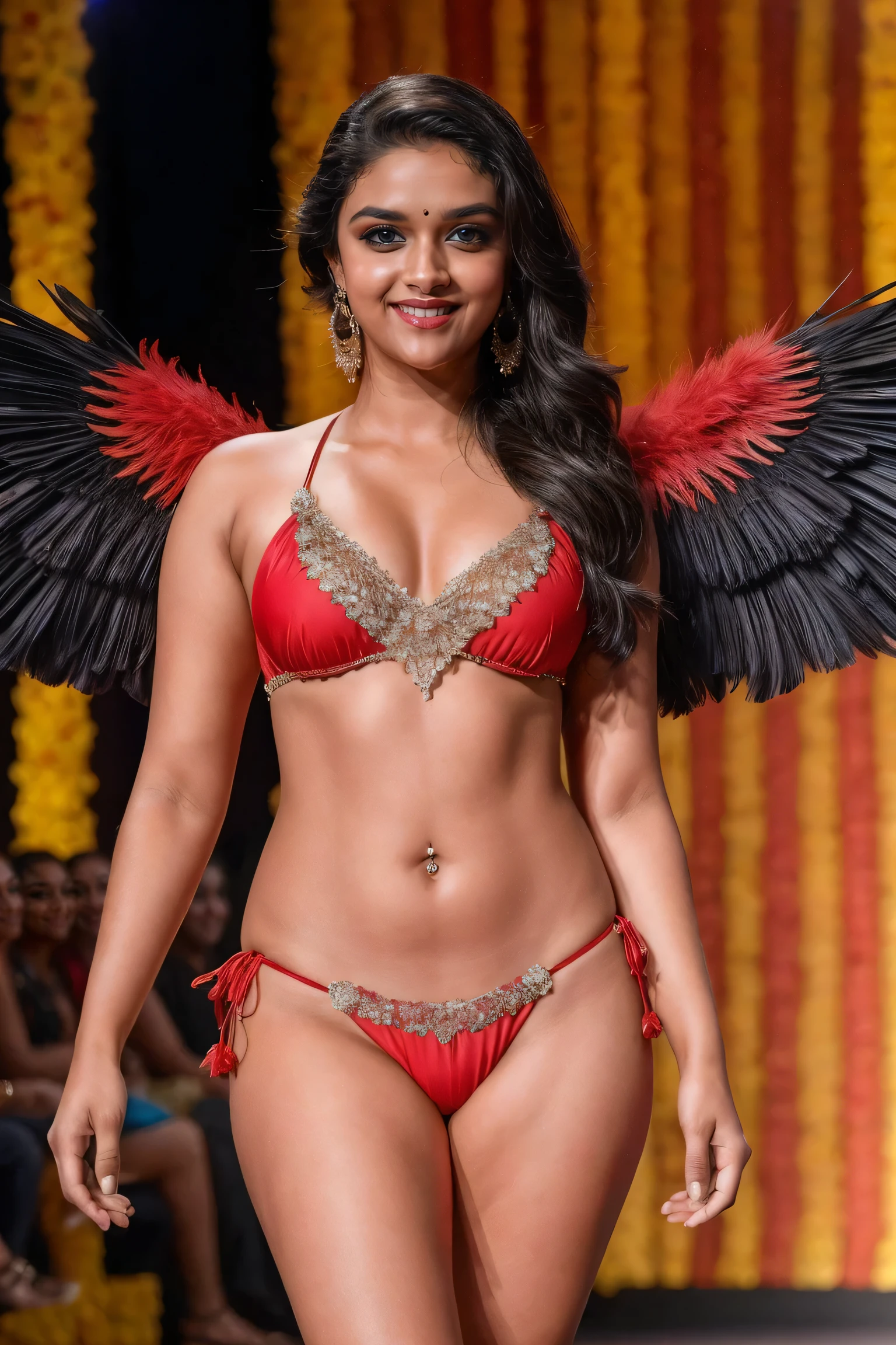 Masterpiece, best quality, , feather wings ,  bottomless , particles,on a fashion show , perfect detailed eyes, red lips,  navel piercing , skimpy micro bikini, Keerthy suresh kpd