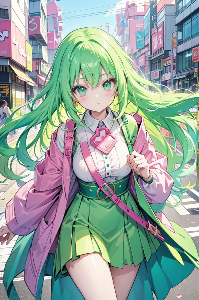 animestyle,vibrant green-haired girl holding a giant futuristic sword, the city stands in daylight on the bustling streets of Harajuku, Tokyo. The city design features a bold pink-based color scheme with lavish décor, neon highlights and a vibrant urban feel.