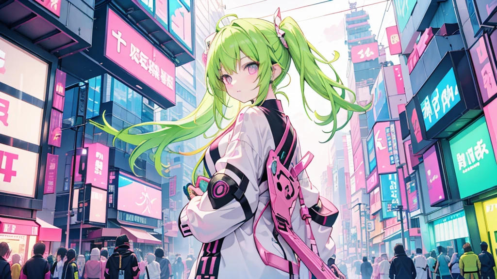 nimestyle,vibrant green-haired girl holding a giant futuristic sword, the city stands in daylight on the bustling streets of Harajuku, Tokyo. The city design features a bold pink-based color scheme with lavish décor, neon highlights and a vibrant urban feel.
 sideways 
