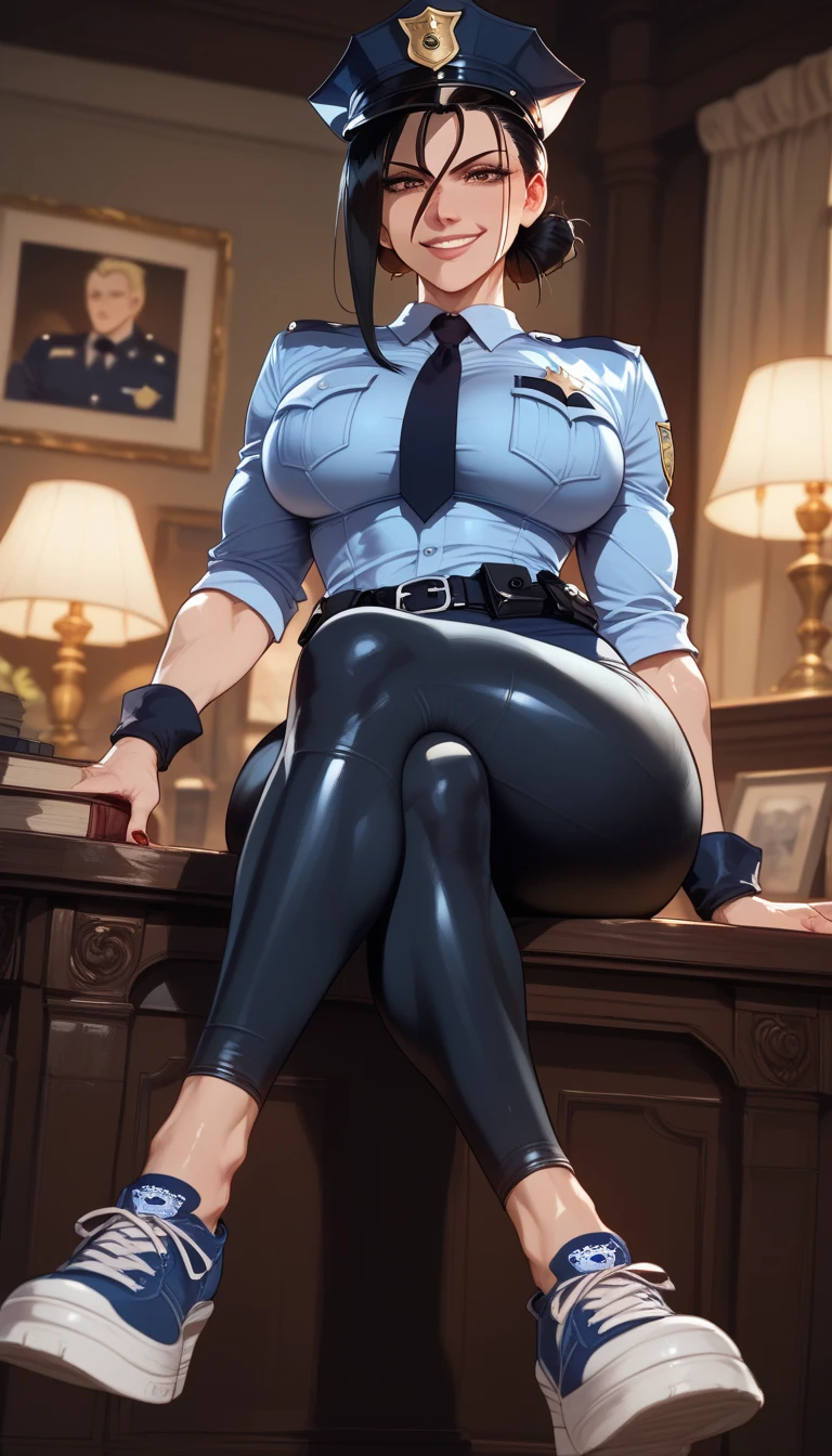 black hair, short hair, Fullmetal Alchemist, Lust, muscular, dominant mature woman, (big breasts), shiny skin, police cap, black tight police uniform, tight leggings, bared arms, sneakers, erotic, evil smile, big legs, muscular legs, police department, indoors, night, (crossed legs), sitting