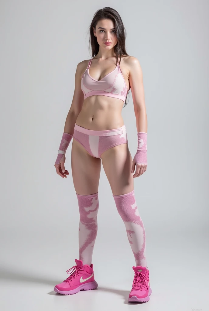 (Cute beautiful fragile short european boy Adalgusto), thin arms, flat chest, sexy chubby legs, exposed sexy flat tummy, pink trunks, long sleeves cropped, little dick bulge, thigh socks , mountains background, wavy pink hair, side view, shaved body, sexy curvy posture, subtle smile
