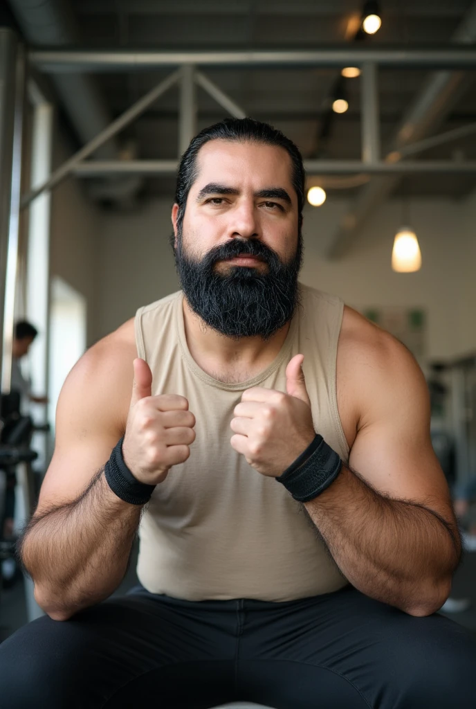 A man between 30 and 35 years old ,  of an athletic build with well-defined muscles and a thick beard , sitting in a modern gym . He wears a tight beige sleeveless t-shirt that highlights his muscular arms and long black sports pants that show off his strong, fuzzy legs..  On his wrists he wears black wristbands , adding a functional touch to his look .  He is posing with a relaxed and charismatic attitude ,  making a gesture with two fingers while winking with a playful and confident expression .  The background shows an industrial gym with metallic exercise equipment and warm lights that illuminate the scene ,  highlighting men as the main focus .