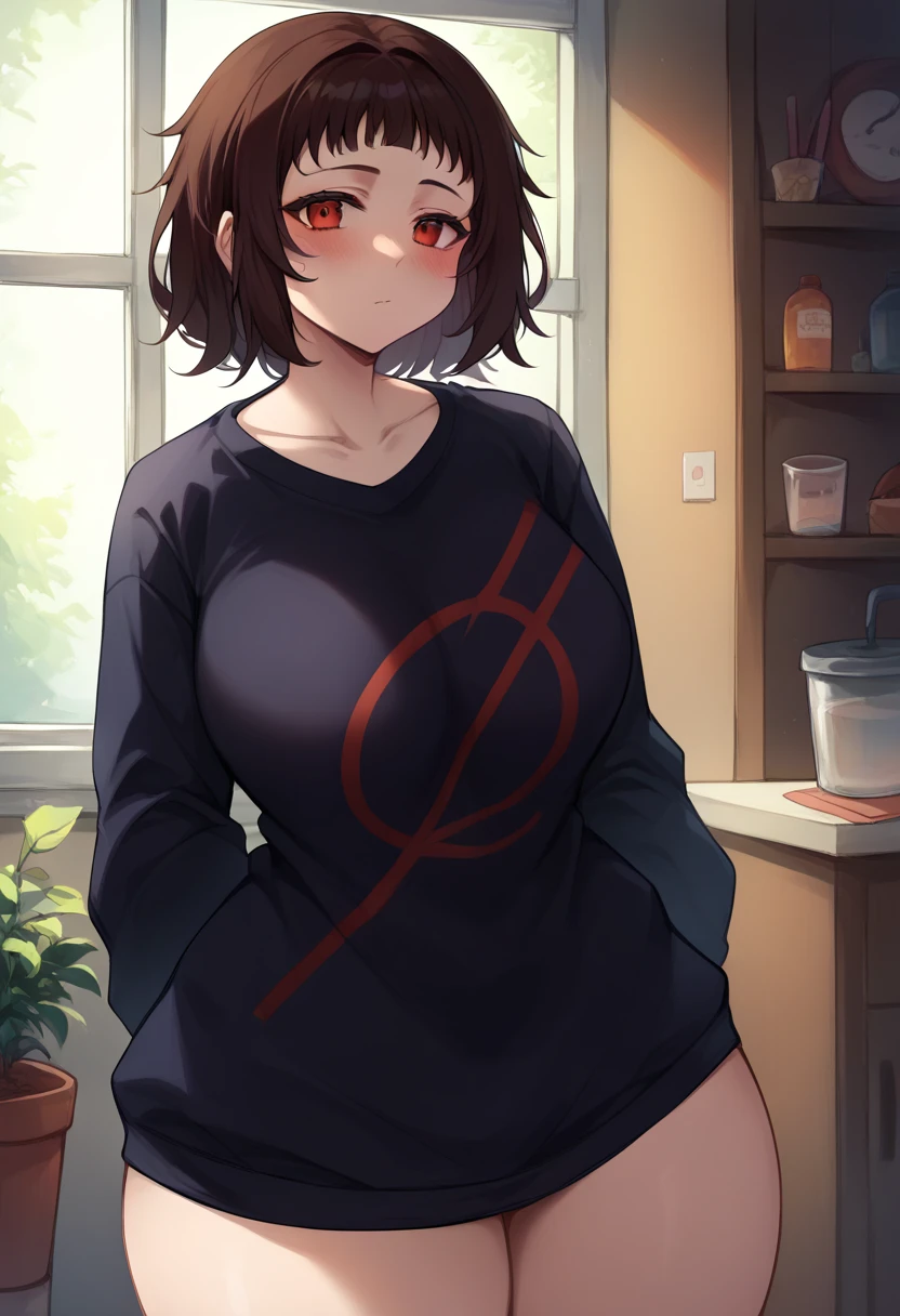 score_9, score_8_up, score_7_up, M-chan, 1girl, solo, black sweater, bare legs, cowboy shot, indoors, rating_safe, (blush:1.1), oversized clothes, looking at viewer, adult girl, 21 y.o., very big ass, very big sexy thighs, big breasts 