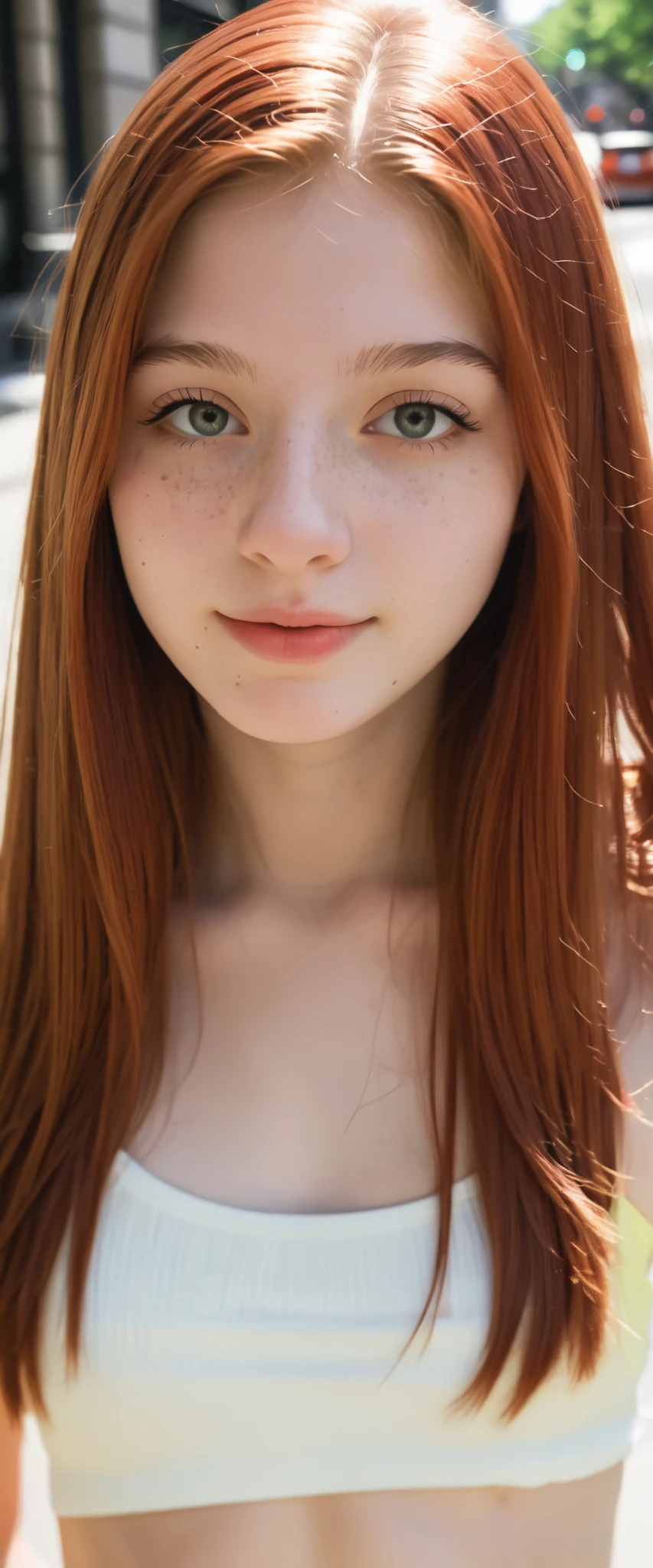 (indistinguishable from reality:1.4), 1girl, selfie, An half portrait of a beautiful 18y.o New York , (detailed facial features), (freckles:0.2), (acne:0.1), long thick luxurious straight hair,red hair, beautiful Jewish nose, shy smile, walking on street, sunny day, sun, crop top, bright primary colors, Nikon FM2, 35mm SLR full body