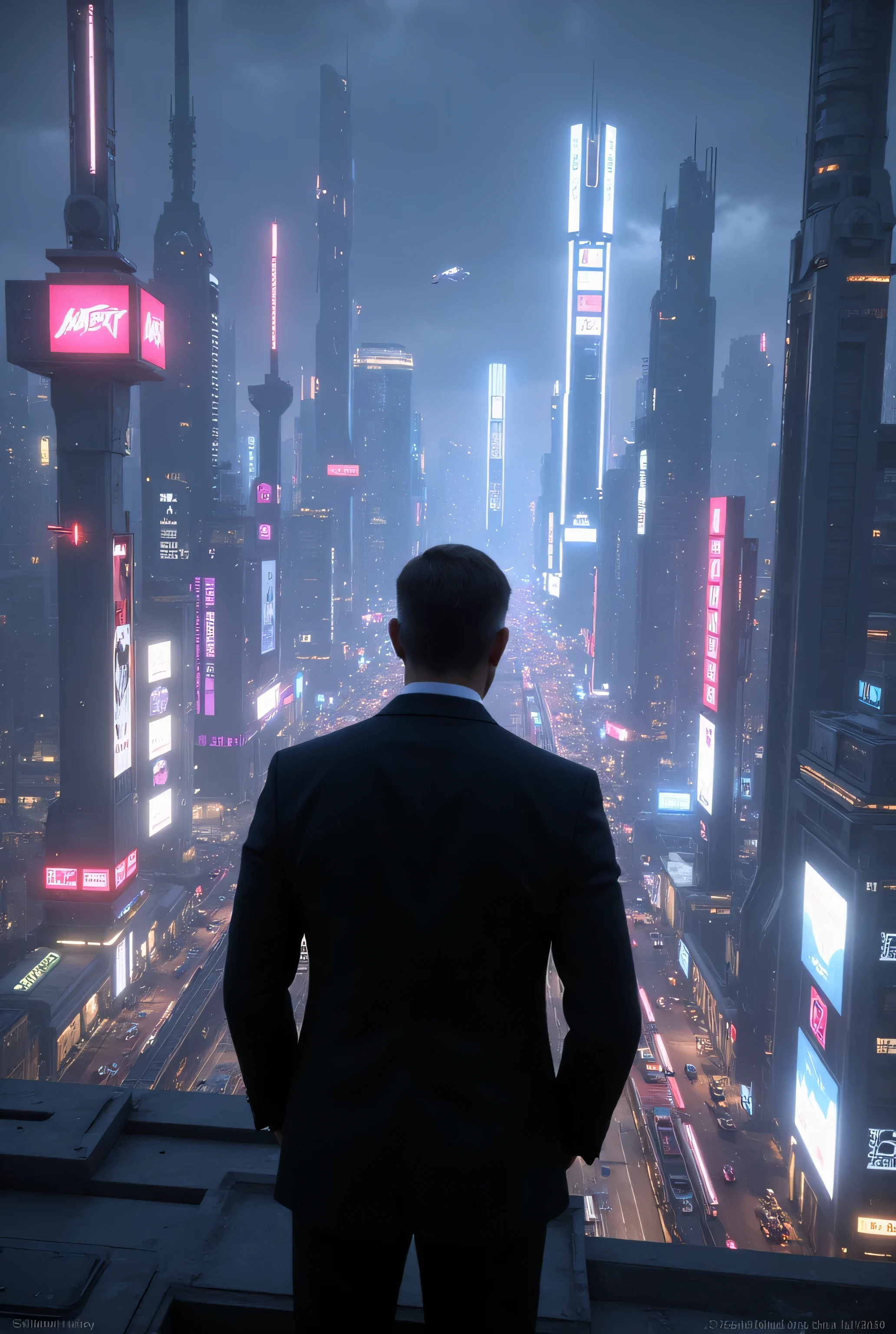  cyberpunk cityscape/A man in his 40s in a suit overlooking the city from a tall building/A night with a beautiful night view/