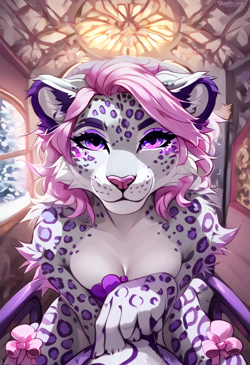 snow leopard with incredibly beautiful eyes, eyelashes and eyeliner around the eyes