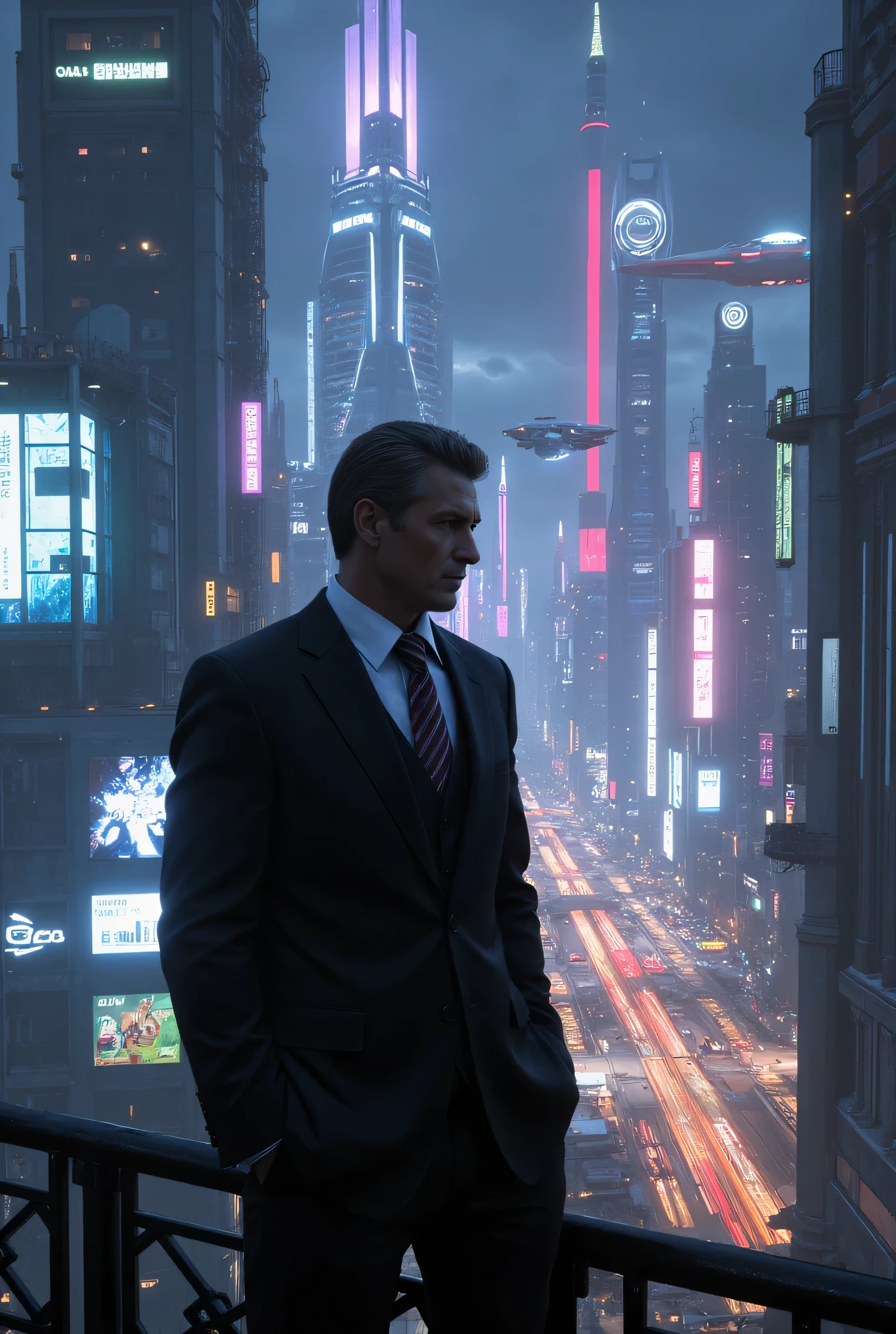  cyberpunk cityscape/A man in his 40s in a suit overlooking the city from a tall building/A night with a beautiful night view/