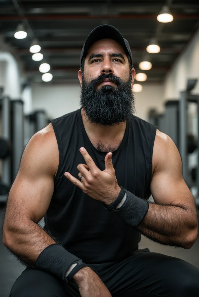 A man between 30 and 35 years old ,  of an athletic build with well-defined muscles and a thick beard , sitting in a modern gym . He wears a tight black sleeveless t-shirt that highlights his muscular arms and long black sports pants that show his strong and hairy legs.. He wears a black cap.  On his wrists he wears black wristbands , adding a functional touch to his look .  He is posing with a relaxed and charismatic attitude ,  making a gesture with two fingers while winking with a playful and confident expression .  The background shows an industrial gym with metallic exercise equipment and warm lights that illuminate the scene ,  highlighting men as the main focus .