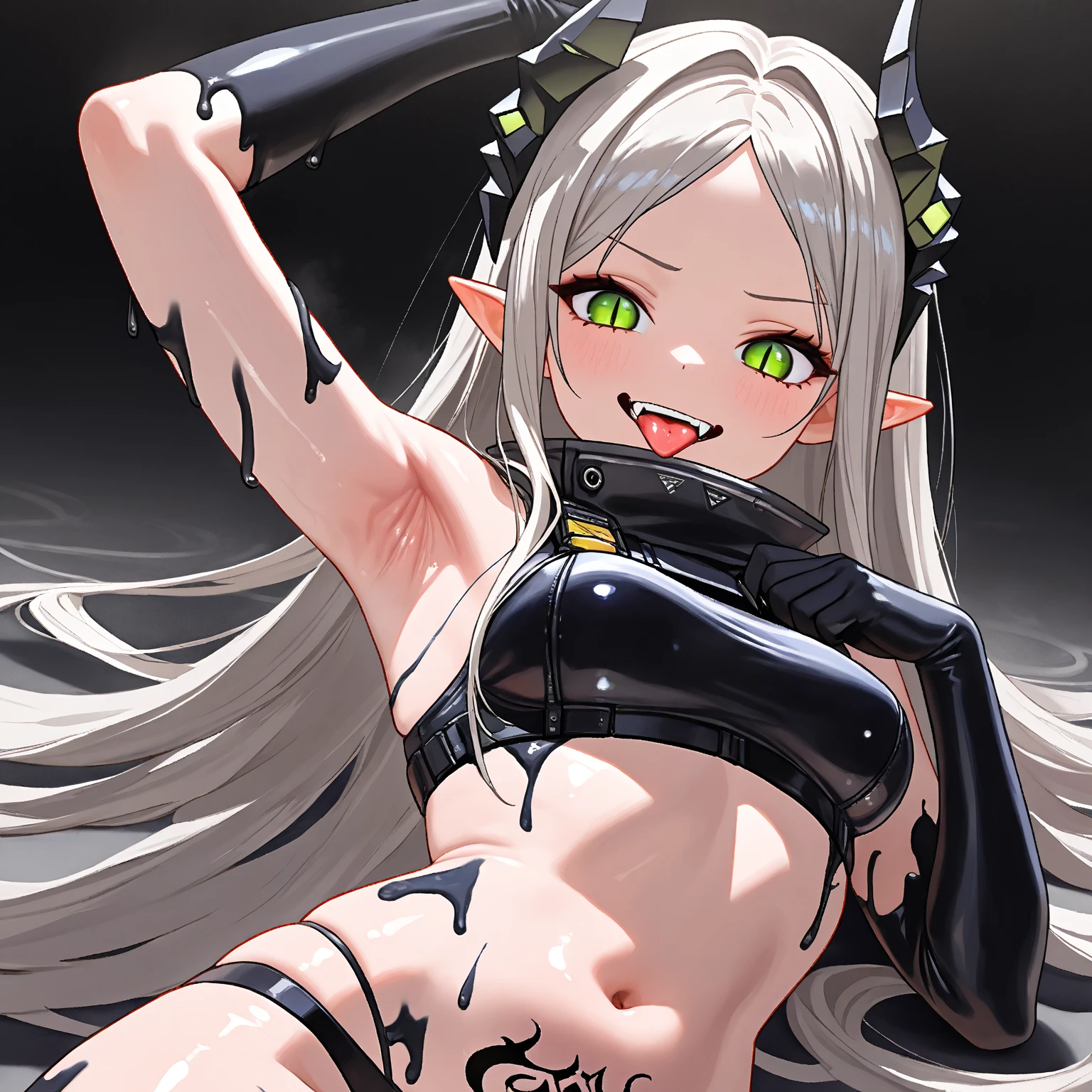 (Masterprice, HDR, 2k, High Resolution) 1girl, Leviathan Nikke, Elf Ears, Gren Eyes, Cat Pupils, shileviathandef, long hair, very long hair, grey hair, parted bangs, green eyes, slit pupils, demon horns, pointy ears, bodypaint, slimy crop top, slimy pants, bare shoulders, medium breasts, underwear, black panties, pubic tattoo, navel, black nails, sharp fingernails, black gloves, elbow gloves, teeth, tongue, tongue out, fangs ((Armpits, Arm Up, Armpit Crease, Armpits Detailed, Perfect Armpits, Shiny Armpits, Zoom Armpits, Focus Armpits, More Detailed Armpits, Armpits Focus, Side Armpits Look)) 