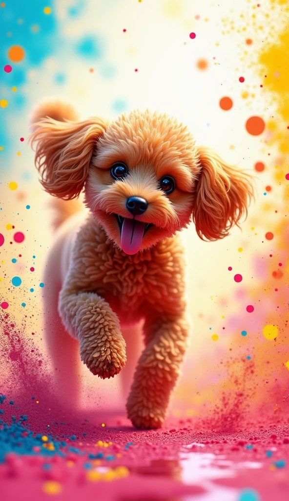 A brown toy poodle frolicking in a place splattered with colorful ink