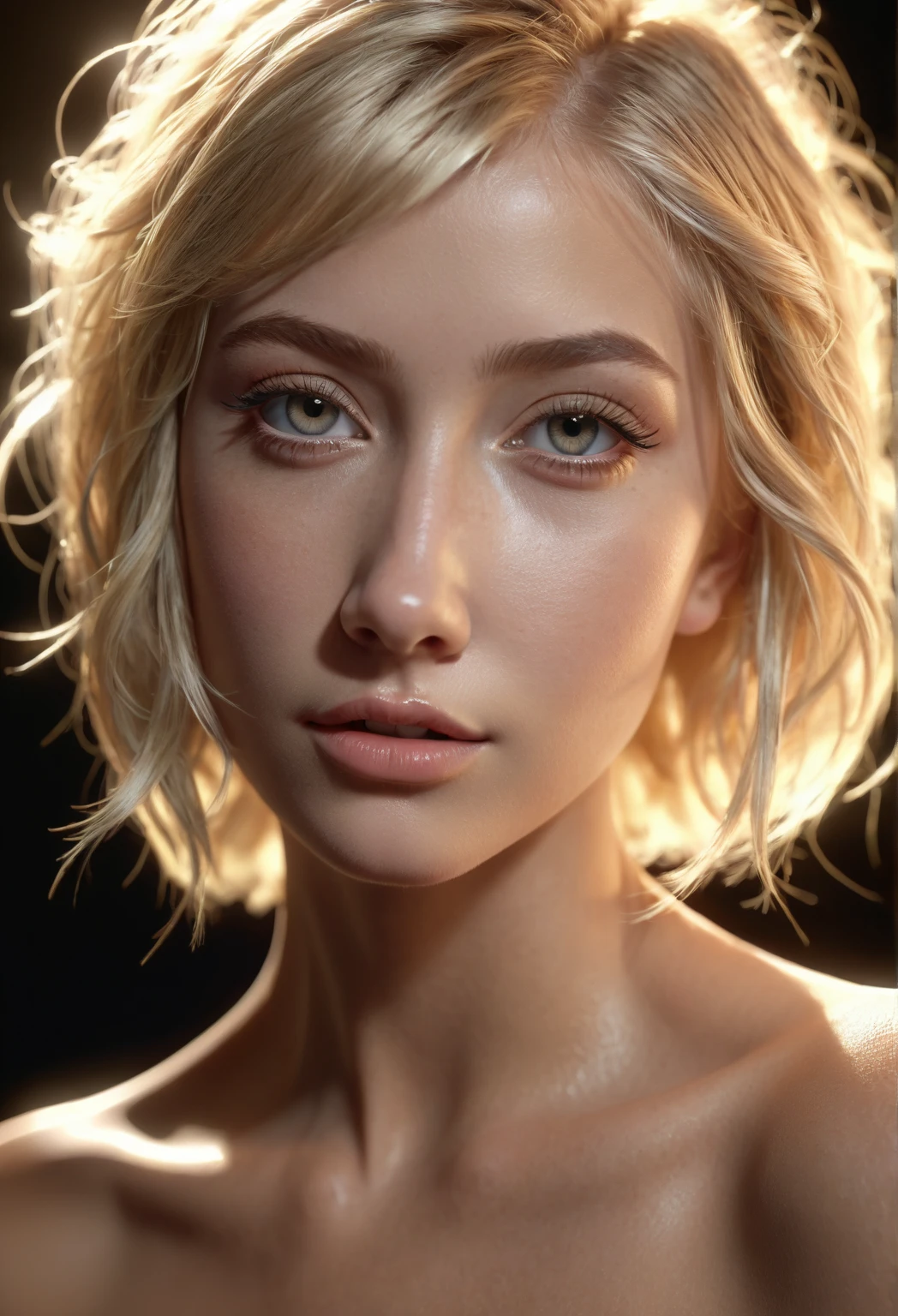 a beautiful 19 year old blonde woman with perfect face, detailed makeup, intricate face details, short hair, naked, photorealistic, ultra detailed, masterpiece, cinematic lighting, dramatic lighting, volumetric lighting, chiaroscuro, warm color tones, realistic skin textures, detailed facial features, highly realistic, detailed hair strands, detailed body anatomy