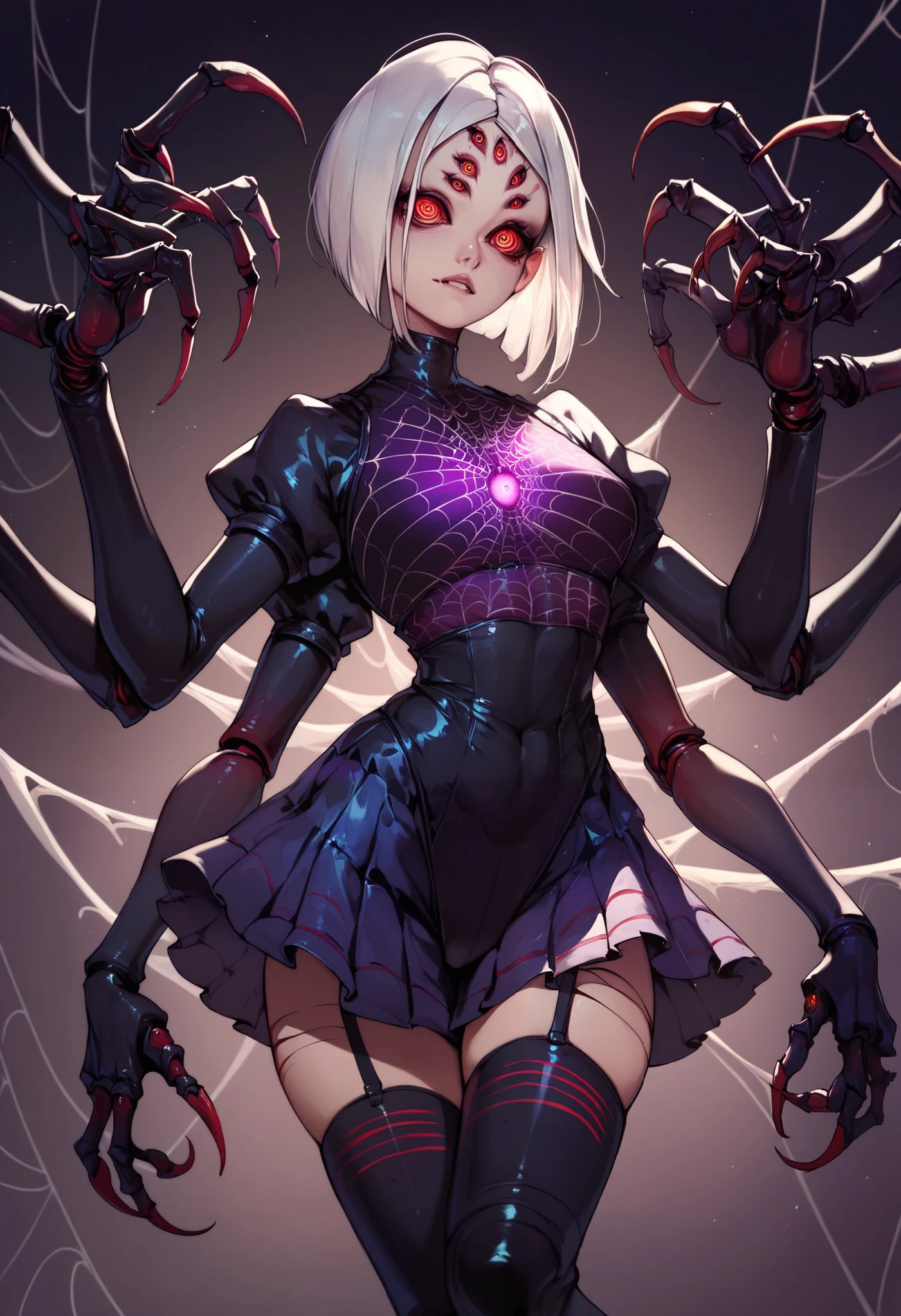 Spider cyborg girl. Many arms. Spider eyes on forehead. Horror eyes. Facial tattoo. Silver hair. Glowing chest. Latex. Black and purple costume. Mechanical skirt. Insect legs from waist. Sharp claws. High leg cut. Dark background.