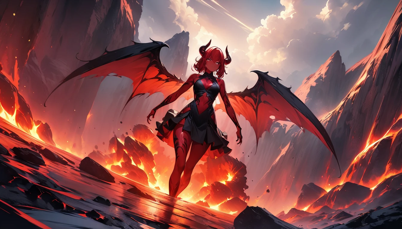 Angry expression, African American girl sitting on top of powerful red dragon, fantasy hero, flying embers, flying debris.