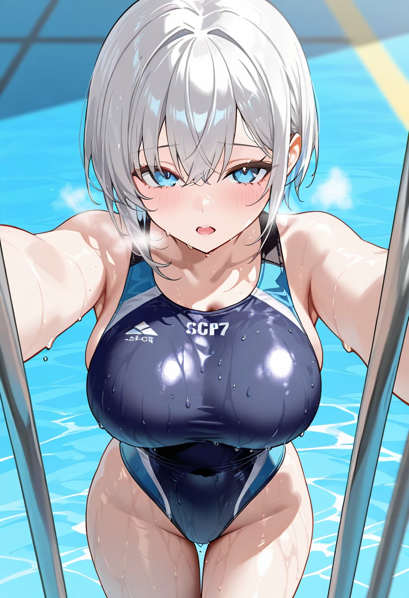 (( top quality)), ((masterpiece)), (  Details),  1 girl,  sexy, looking at viewer, large breasts, competition swimsuit, wet, aroused, in heat, orgasm, heavy breathing, nsfw