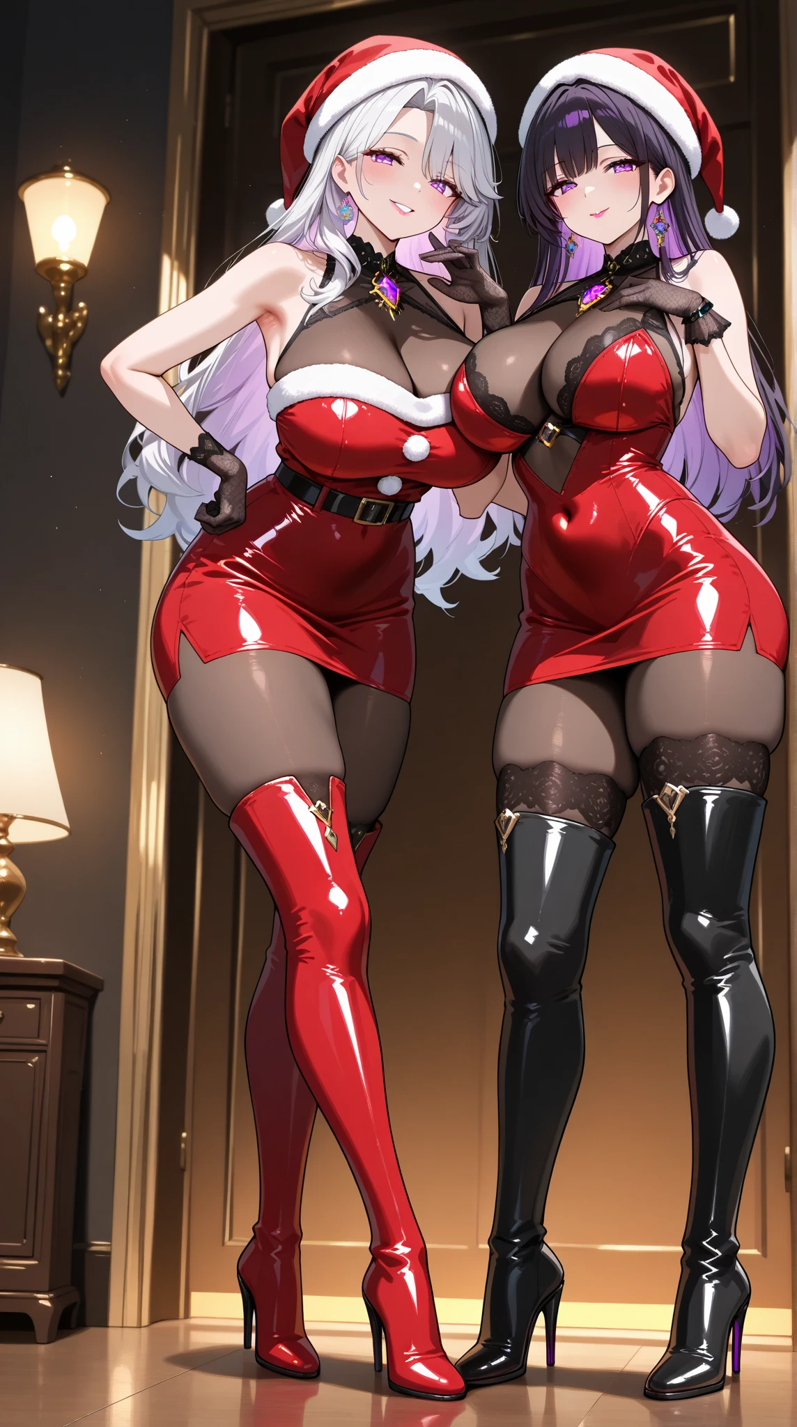  1 mature bewitching woman ,(masterpiece, top quality, very detailed depiction, Incredibly Absurd High Definition ,Curvaceous Body),(Bewitching Queen ),( red latex Santa Claus costume, red pencil skirt , Body Stocking,Santa hat,black lace gloves, luxury accessories ,A mysteriously shining jewel, black tights, high heels, thigh high boots),(Purple Eyes, Half Closed Eyes, are opening their mouths, bewitching smile, Glossy Lipstick,Beautiful legs, healthy legs,Seductive gestures), standing:1.3, full body image :1.3,Lamplight