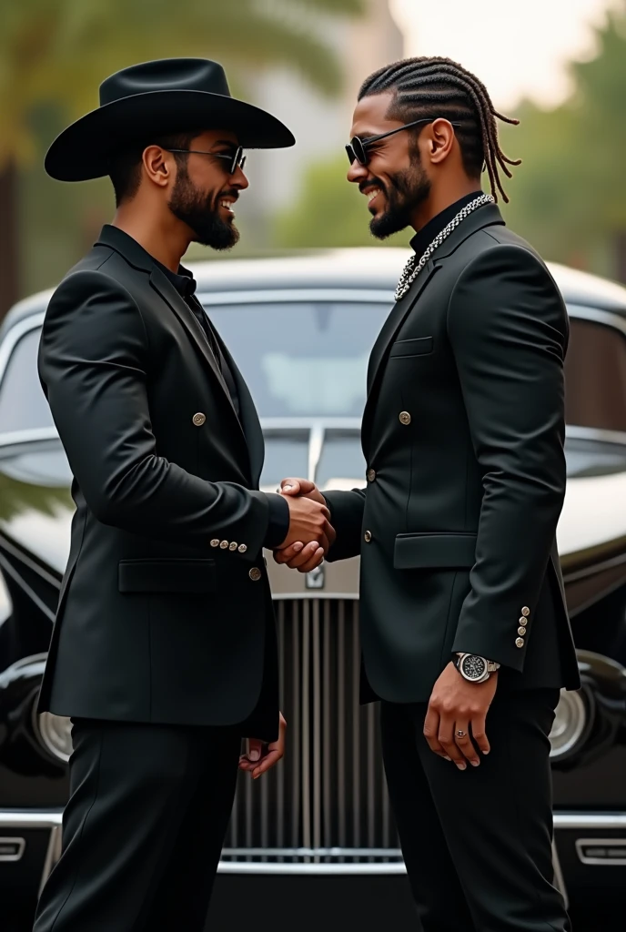  Two realistic male friends ,  they both have a strong and determined appearance .  One has a medium-light skin tone ,  with short straight hair and wears a cowboy hat /countryside, wears a black suit, 3 pieces ,  tie and black shoe ,  The accessories include a wristwatch and sunglasses .  His appearance must represent the Sertanejo culture .  The other has a medium-dark skin tone ,  with dreads or short braids , rapper style, wears a black suit 3 pieces ,  tie and black shoe ,  Accessories include a silver chain necklace,  a wristwatch and small earrings .  Their appearance must represent urban culture .  They both have striking facial features that express trust. Your eyes are intense,  with a Smile from the corner of the mouth that transmits a touch of pride .  The two friends are in front of a luxury car ,  they are greeting each other in a handshake , Smiling like friends. They are stylish ,  are famous singers .