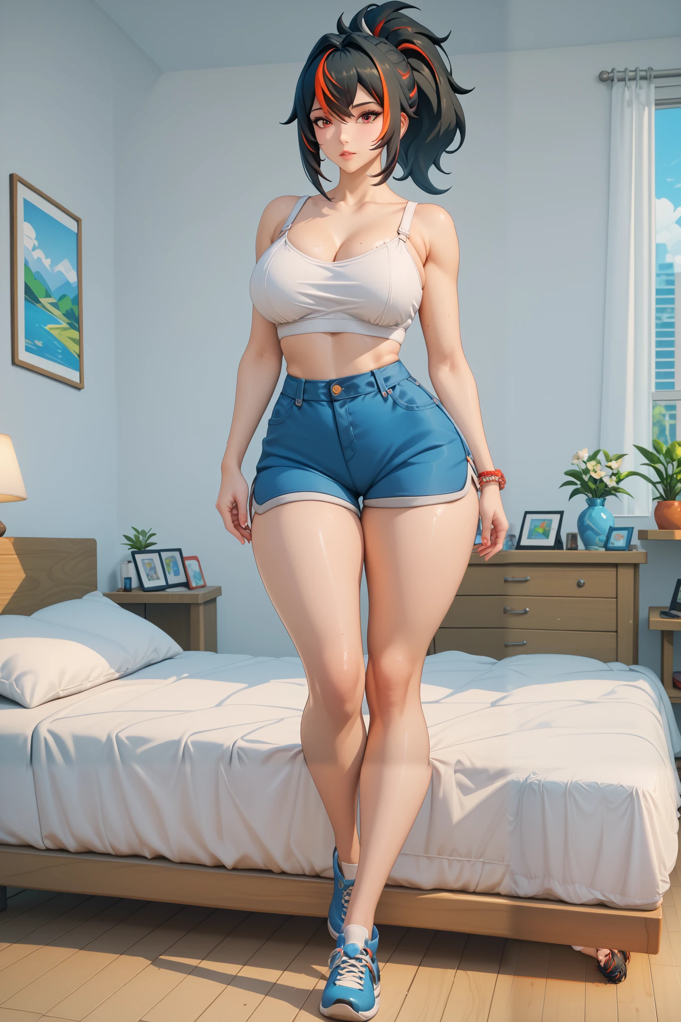 Masterpiece,highly detailed ,4k,solo,1girl,full body ,zhu yuan,ponytail streaked hair,korean beauty skin,skiny,large breasts,long legs ,white  bra, short pants,bed room,looking at viewers,front look