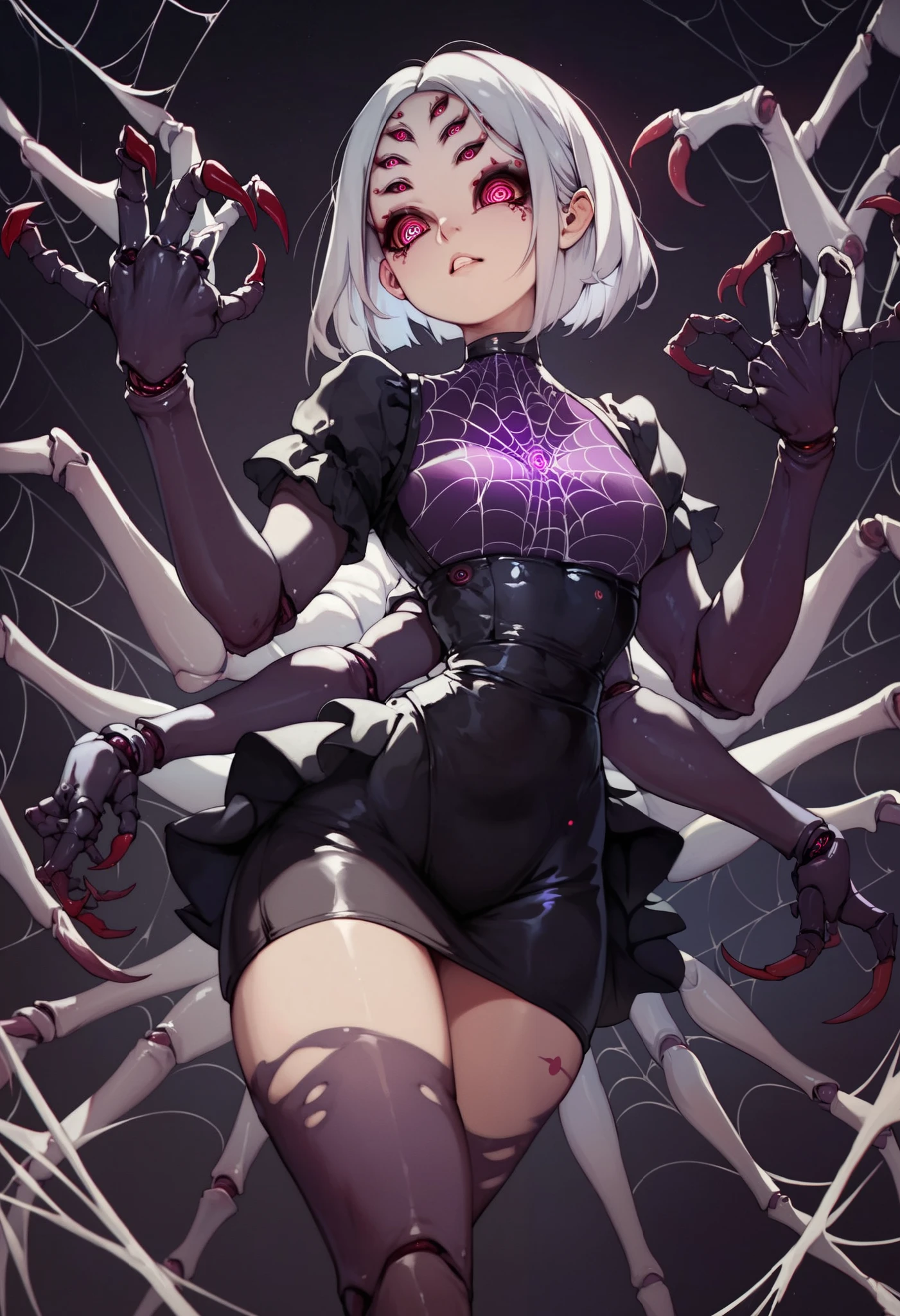 Spider cyborg girl. Many arms. Spider eyes on forehead. Horror eyes. Facial tattoo. Silver hair. Glowing chest. Latex. Black and purple costume. Mechanical skirt. Insect legs from waist. Sharp claws. High leg cut. Dark background.