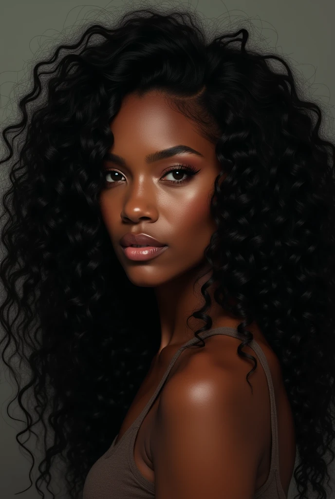  there is a black woman , the woman has, she has dark skin, with dark brownish skin, with long curly, long black loose moisturised curly hair she is flexible 