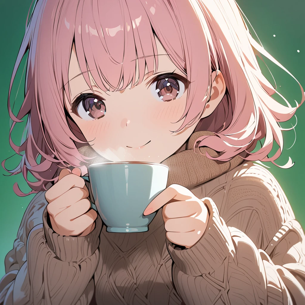 "A cute high school girl with short pink hair styled in a tousled, messy way, wearing a cozy brown knitted sweater. She is sitting comfortably on the ground, holding a warm cup of hot drink in both hands, her expression relaxed and content. Her cheeks are slightly rosy from the warmth, and she has a gentle smile as she takes a sip from the cup. The soft, chunky knit of her sweater adds to the warm, inviting atmosphere, perfect for a cozy, winter-inspired scene.

The background is a plain green screen, making her the central focus for easy compositing into various scenes."