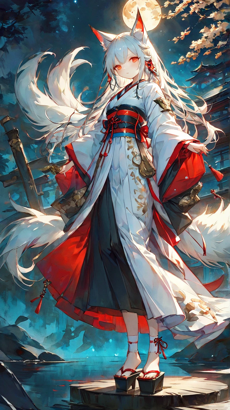 Masterpiece, highest resolution, highest quality, detailed depiction, beautiful, art, watercolor style, Japanese yokai, (beautiful face1.4),((full body shot1.4)), full-body illustration of a nine-tailed fox girl, personified as a young woman. She has long, flowing silver hair with subtle red highlights, reflecting a mystical glow. Her fox ears and nine fluffy tails are adorned with intricate ornaments inspired by ancient Japanese designs. She wears a blend of traditional Japanese kimono and modern fantasy elements, featuring a white and red color scheme with golden accents. Her footwear consists of elegant, traditional Japanese wooden sandals (geta) with red straps, complemented by white tabi socks with gold embroidery. The setting is an ethereal forest under the moonlight, but without any glowing foxfire orbs. Her expression is calm and enigmatic, exuding a sense of wisdom and allure,4K graphics.