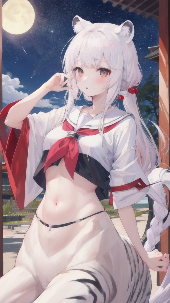 (NSFW:1.4), 8k, perfect anatomy, realistic lighting,masterpiece, best quality, looking at viewer, cowboy shot, close up,Ayame, red eyes, long hair, horns, white hair, red streaks, two side up, double bun, smile, blush,1girl, solo, petals, cherry blossoms, pink, cherry fruit tree, Bright Landscape, Mountains in the distance, standing,