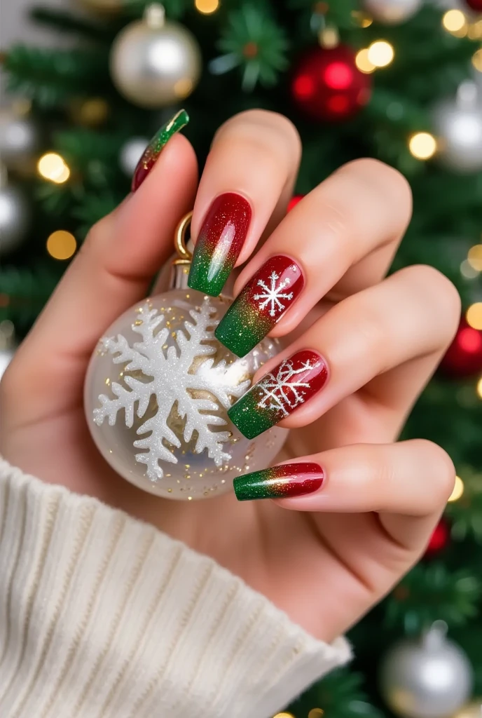 Close-up of a very good-looking hand holding a bottle of blue nail polish。(((nail design，Beautiful nails with Santa Claus head on them)))。