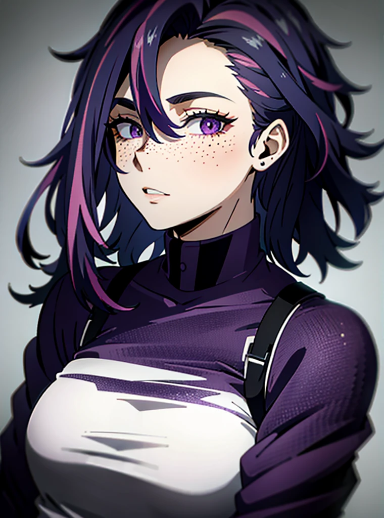 dark purple hair, simple cold weather iconic clothing, jacket, freckles on face, upper body