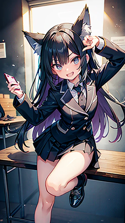 Long hair down to the waist, eyes are in shadow, holding a smartphone in front of the face,she is stepping on a male student's head with her right foot, wearing a blazer-type uniform, long skirt, jagged teeth. Illustrations of jagged teeth have been drawn by many creators, and the sharp shark-like teeth are particularly distinctive and impactful. Jagged teeth are also a deformation of the teeth that are jagged like a shark overall. Like double teeth, they are drawn as a feature to give the character individuality. Jagged teeth give the viewer an image of coolness or evil, a distorted smile, an low angled composition, in the class room, anime, anime style, move chart, tachi-e, UHD, retina, masterpiece, accurate, anatomically correct, super detail, high details, textured skin, high quality, best quality, highres, 1080P, HD, 16k