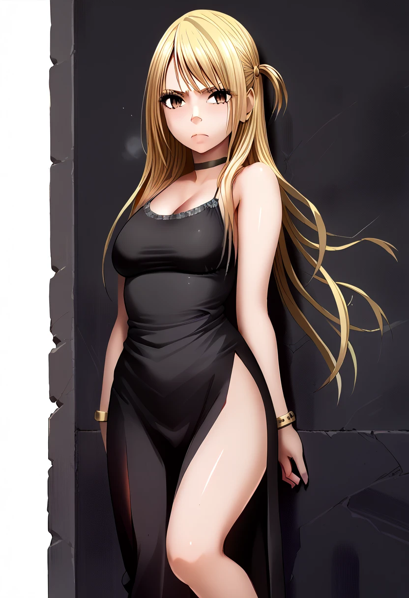 score_9, score_8_up, score_7_up, BREAK source_anime, masterpiece, BREAK 1girl, solo, nanase saki, long hair, blonde hair, brown eyes, large breasts,black dress, side slit, choker, bracelet, BREAK outdoor, standing,