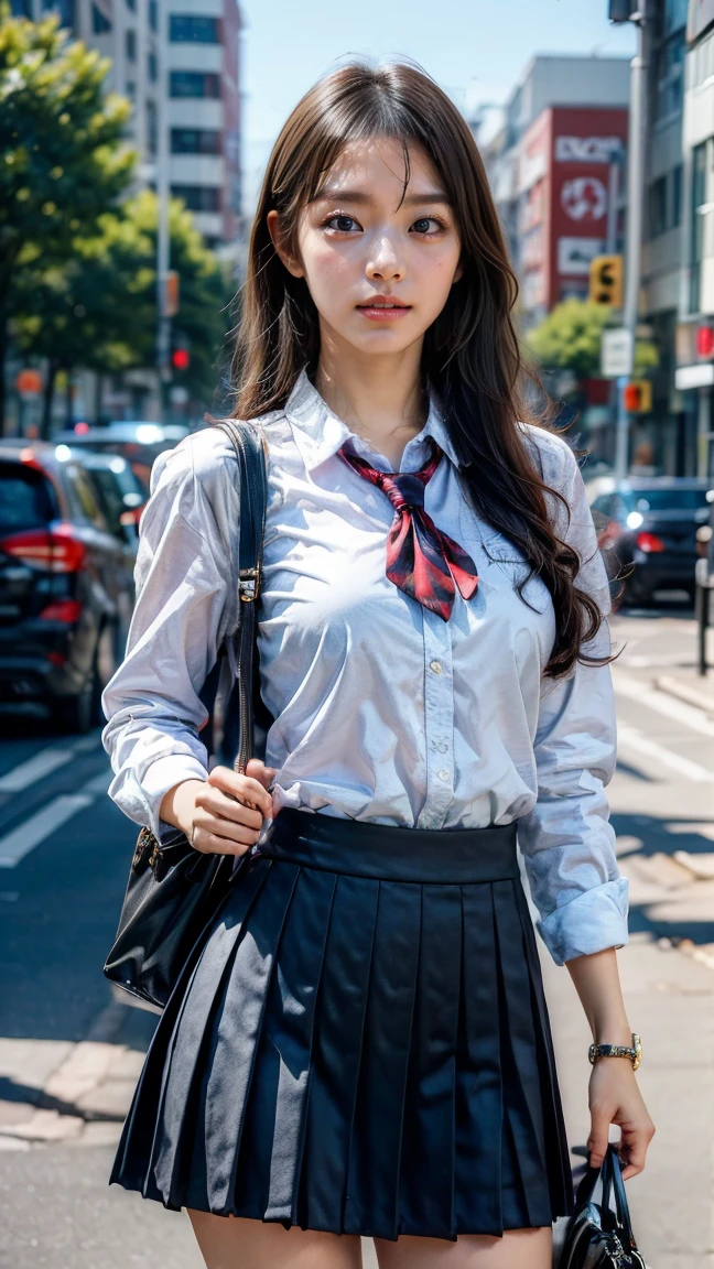 a beautiful 18 year old Japanese high school girl with perfect anatomy, healthy thighs, beautiful legs, beautiful skin, random hair color and style, large breasts, (wearing a Japanese schoolgirl uniform:1.3), (she is standing:1.2), penny loafers, holding a student bag, full body shot, standing on a city street, (best quality,4k,8k,highres,masterpiece:1.3),(extremely detailed:1.2),photorealistic,ultra-detailed,vivid colors, studio lighting, professional