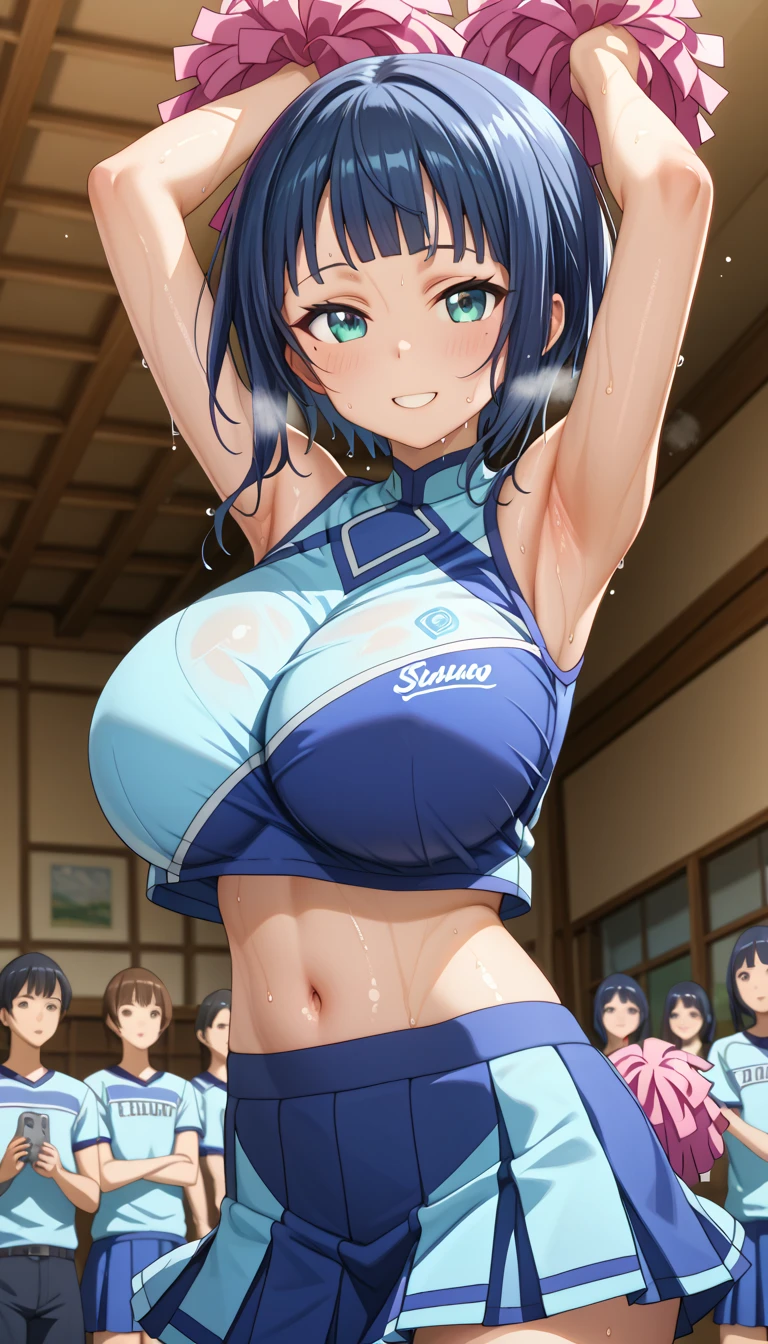  UHD, retina, textured skin, high quality, best quality, highres icon, 1080P, HD, 16k、sao sachi、 short hair、darkblue hair、A mole near the eye、cute、 sexy、gigantic breasts、gigantic breasts、gigantic breasts、skinny、wet、sweat、heavy breathing、wetskin、body blush、shiny skin、pale skin、cheerleader, holding large pom-poms in both hands, dynamic pose, standing, arms up, smile