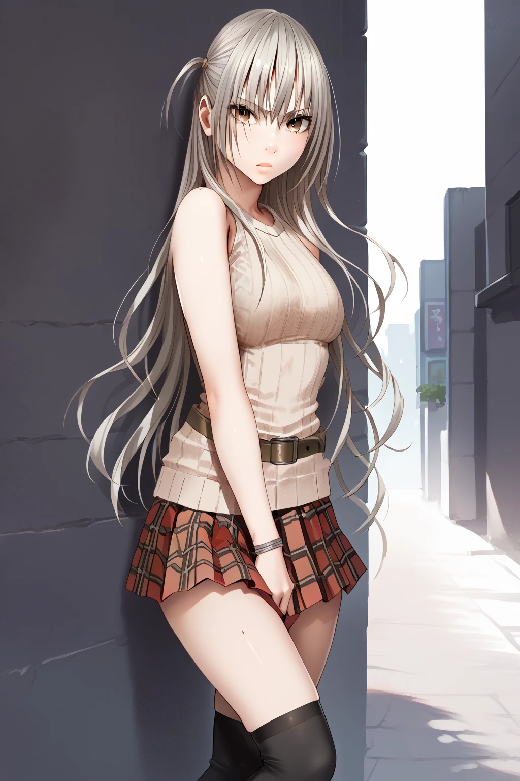 score_9, score_8_up, score_7_up, BREAK source_anime, masterpiece, BREAK 1girl, solo, suzumine kyouka, long hair, grey hair, brown eyes, large breasts, sweater, sleeveless, plaid skirt, red skirt, black thighhighs, belt, standing, looking at view, BREAK outdoor,