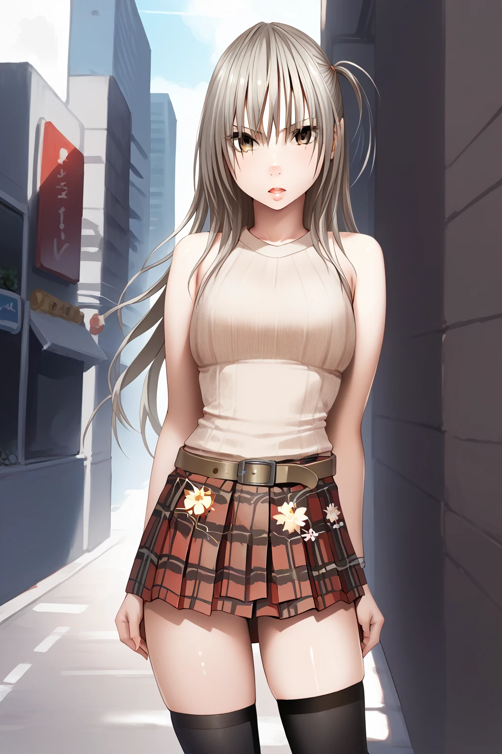 score_9, score_8_up, score_7_up, BREAK source_anime, masterpiece, BREAK 1girl, solo, suzumine kyouka, long hair, grey hair, brown eyes, large breasts, sweater, sleeveless, plaid skirt, red skirt, black thighhighs, belt, standing, looking at view, BREAK outdoor,