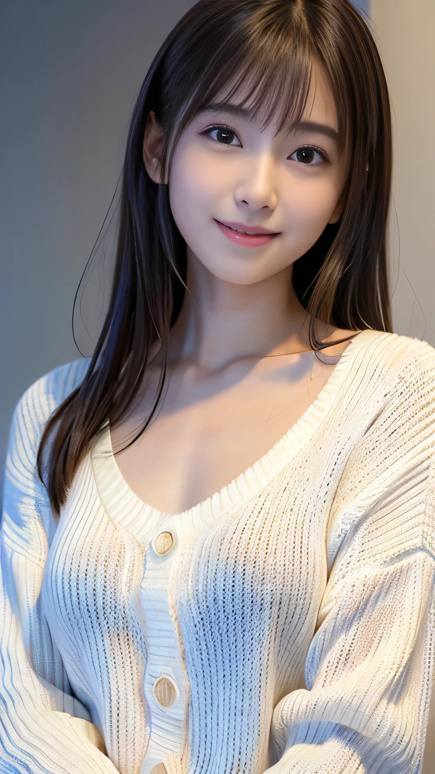 (logo, masterpiece, 8K, Tabletop, RAW Photos, wonderful, 最high quality, Photorealistic and very detailed CG composite 8k wallpaper, high quality, Very detailed, Narrative poem, Particle Effects, Dynamic Effects, Depth of the Boundary, Cinematic Light, Lens flare, Ray Tracing), short hair beautiful young woman, Hair tied back, high detail skin, very fine, fine skin texture, beautiful face, realistic eyes, beautifully detailed eyes, realistic skin, beautiful skin, surreal, smiling eyes, Hair and light eyes, Vibrant, Colorful lights and bokeh. The lighting casts a warm glow on her face and hair, Blue glow, Water surface reflection, Creates a dreamy and magical atmosphere, Big Breasts, Brown Hair, short hair, plump lower lip, pink blush on the cheeks , pink lips, brown tight no-shoulder knit sweater